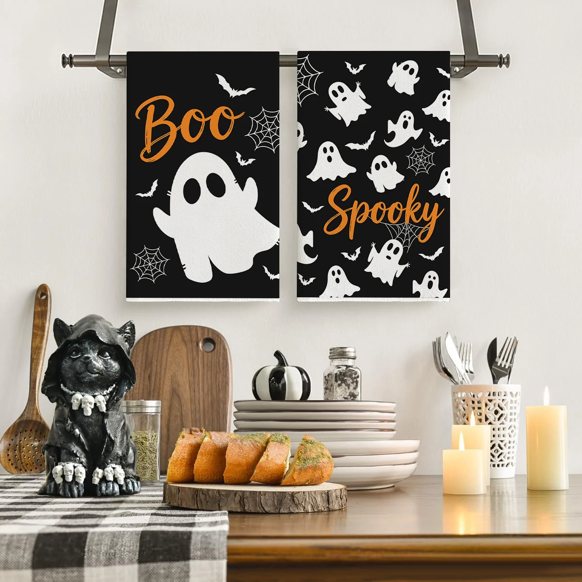 2pcs Halloween Kitchen Towels Spooky Ghost Bat Spider Web Print Absorbent Multi‑Purpose Tea Towels Cleaning Dish Cloths