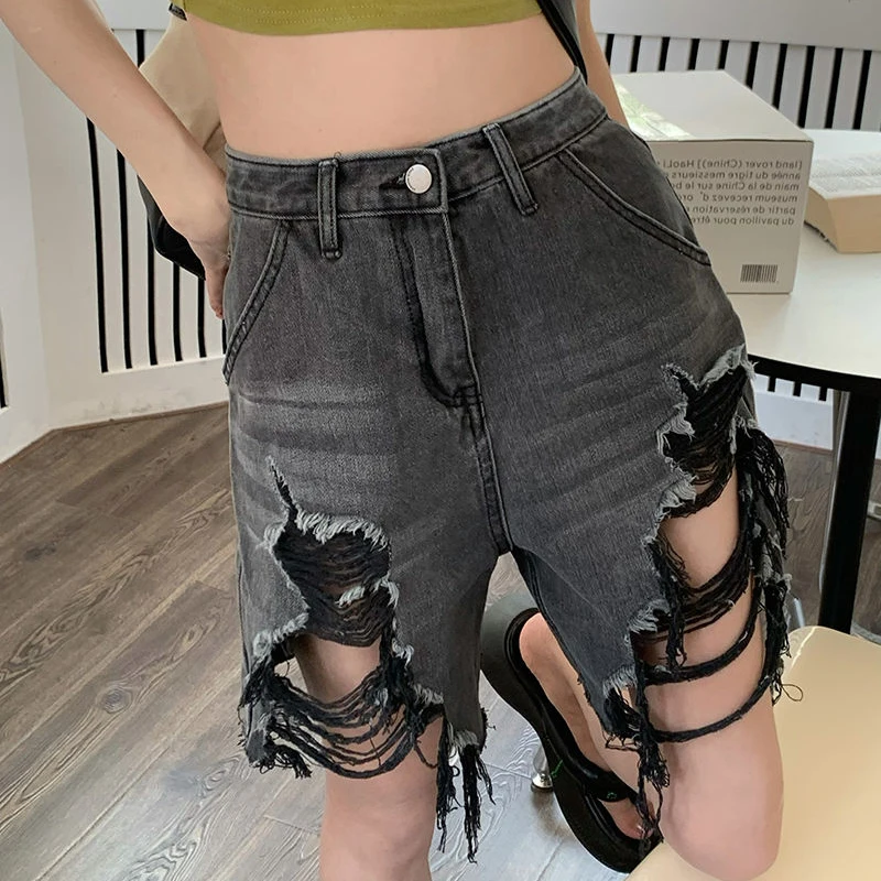 MEXZT S-5Xl Denim Shorts Femmes Taille Haute Trou Jeans Shorts D'été Streetwear Coréen Vintage DistMurcia Jambe Large Pantalon Court Nouveau