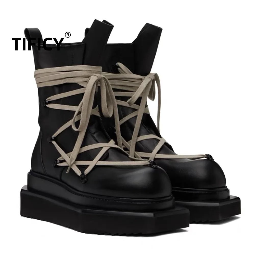 

High Street British Style Thick Soled Boots Men in Autumn and Winter High Top Strap Side Zipper, Height Increasing Ro Boots