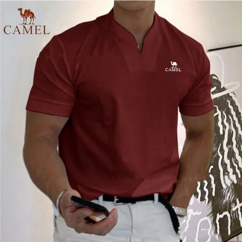 CAMEL-Camisa polo de manga curta bordada masculina, algodão, decote em v, casual, negócio, respirável, moda verão, high end