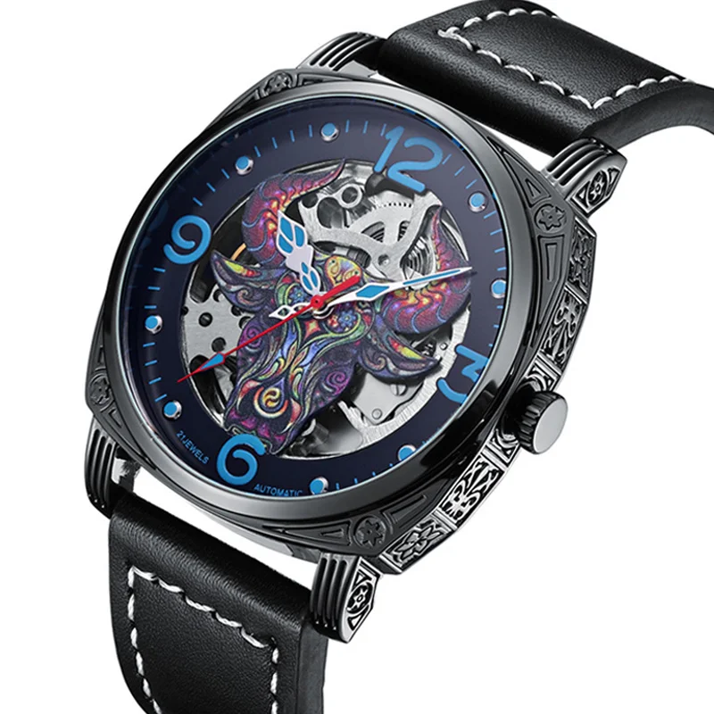 New 3D Color Bull Head Design Men's Watches Fashion Waterproof Luminous Skeleton Automatic Mechanical Watch Relogios Masculino