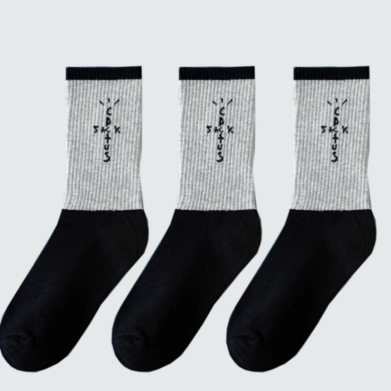 3 Pairs Men\'s Socks Crew Cactus Jack Socks Cotton Sport Hip Hop Basketball White /gray /Black Sockken Wholesale Women New Socks