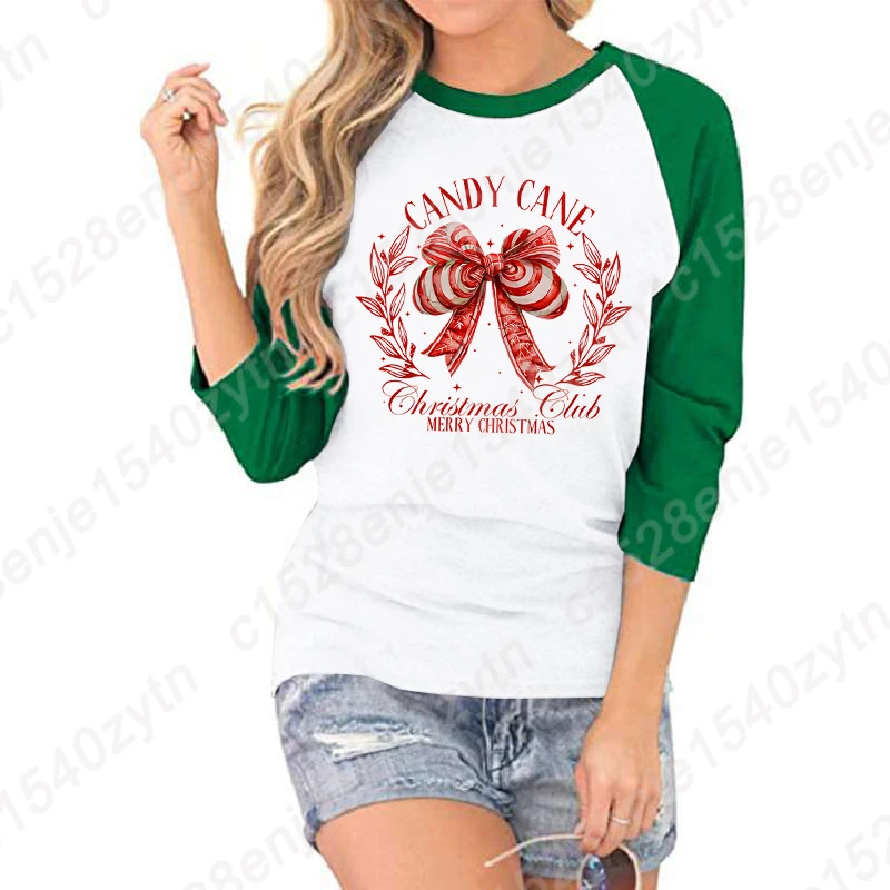 Women Fashion Tops Candy Cane Christmas Club Merry Christmas Seven Sleeves Shirt Summer Round Neck Creative Personalized T-shirt