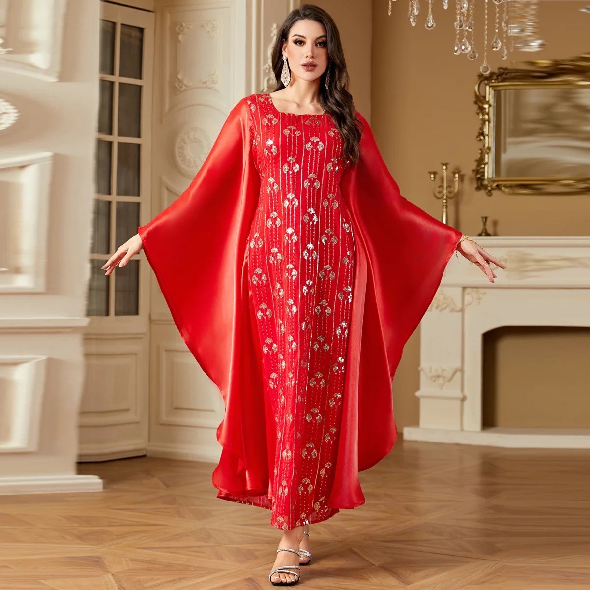 Vestido Elegante com Bordado de Lantejoulas e Mangas de Morcego, Vestido com Cintura Ajustável, Abaya Luxuosa para o Ramadan em Dubai, Elegante e Islâ