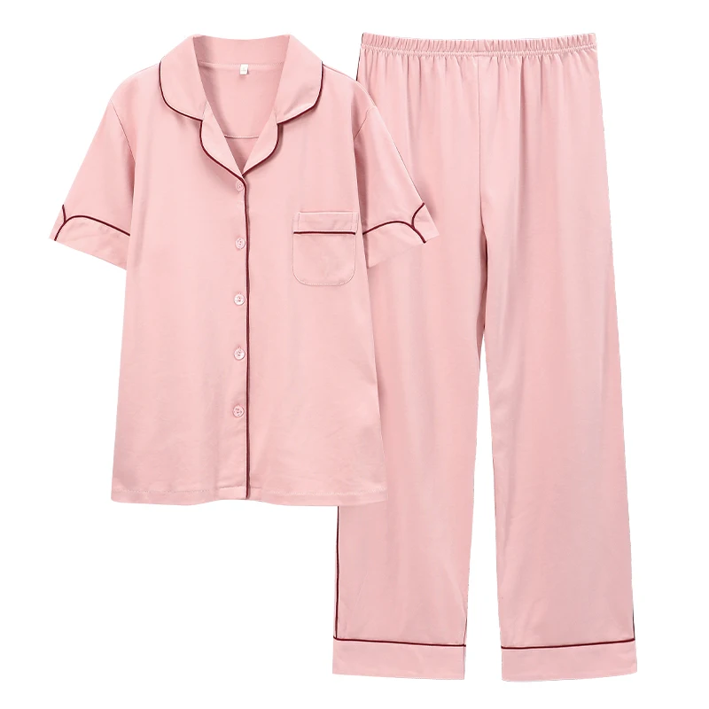 Summer casual full pure cotton women pajama sets cute pink short sleeve tops + long pants 2 pieces sleepwear women pyjama femme