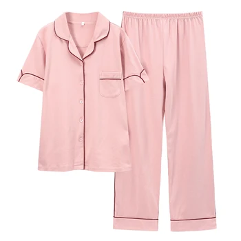 Sommer lässig voller reiner Baumwolle Frauen Pyjama-Sets süße rosa Kurzarm-Tops + lange Hosen 2-teilige Nachtwäsche Frauen Pyjama Femme