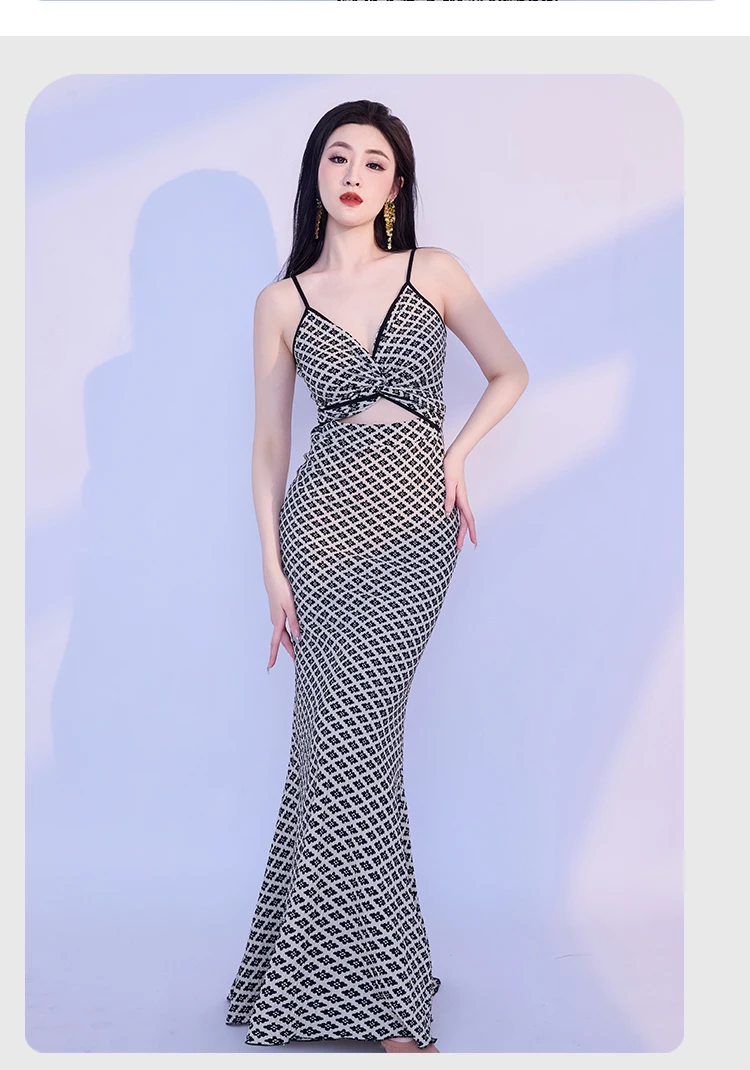 فستان أداء الرقص الشرقي للنساء فستان مُزين بطباعة مثير راقي للبالغين ملابس ممارسة الرقص الشرقي الاحترافية