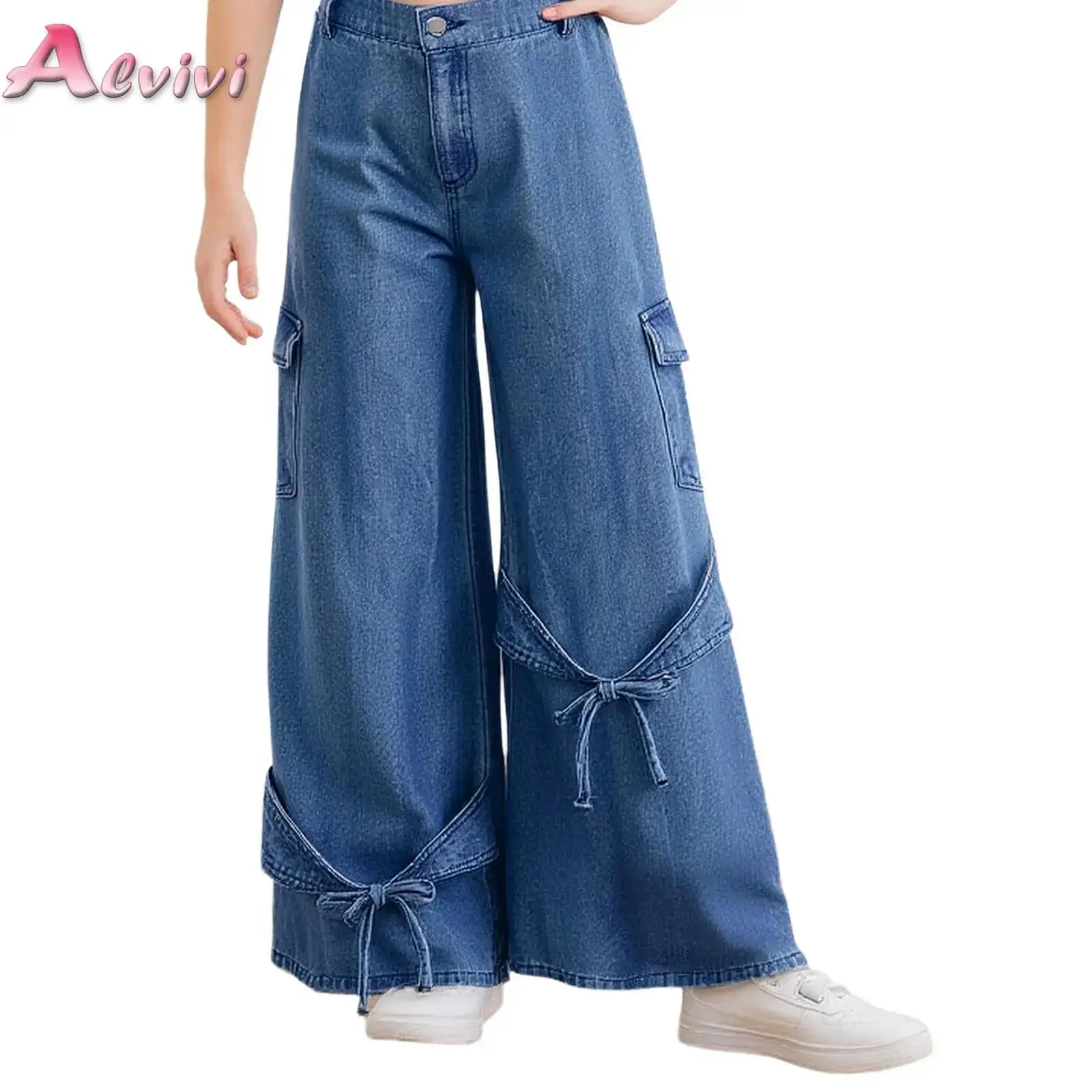 

Kids Girls Cute Bowknots Cargo Jeans Fashion Y2K Straight Wide-Leg Denim Pants 6-16 Yrs Teens Skateboarding Birthday Streetwear