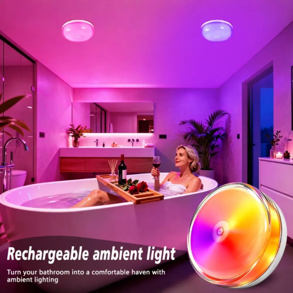 Magnetic Charging Shower Light IP Waterproof Color Changing Ambient Light Rechargeable 15 RGBW Colors Night Light Closet