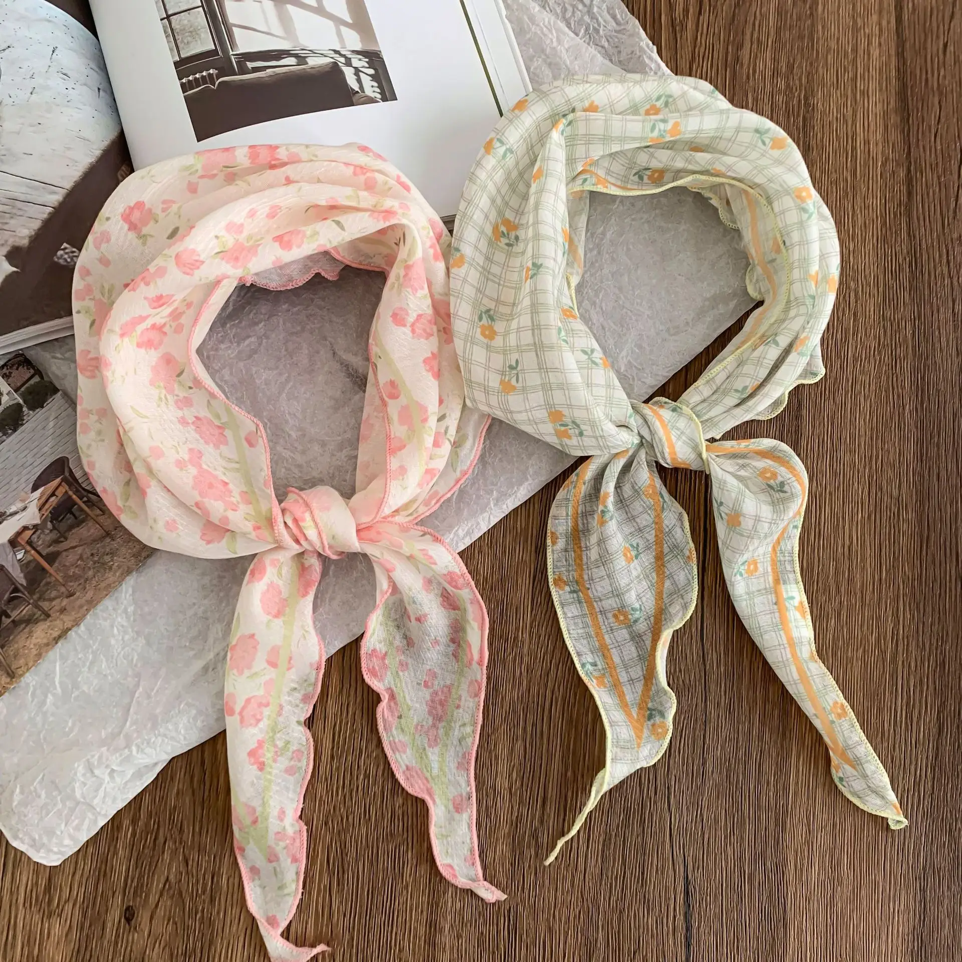 Triangle Scarf Floral Print Cotton  Lightweight Soft Fresh Summer Elegant Headband Neck Scarf Belt Wrap Boho Vintage Daily Women