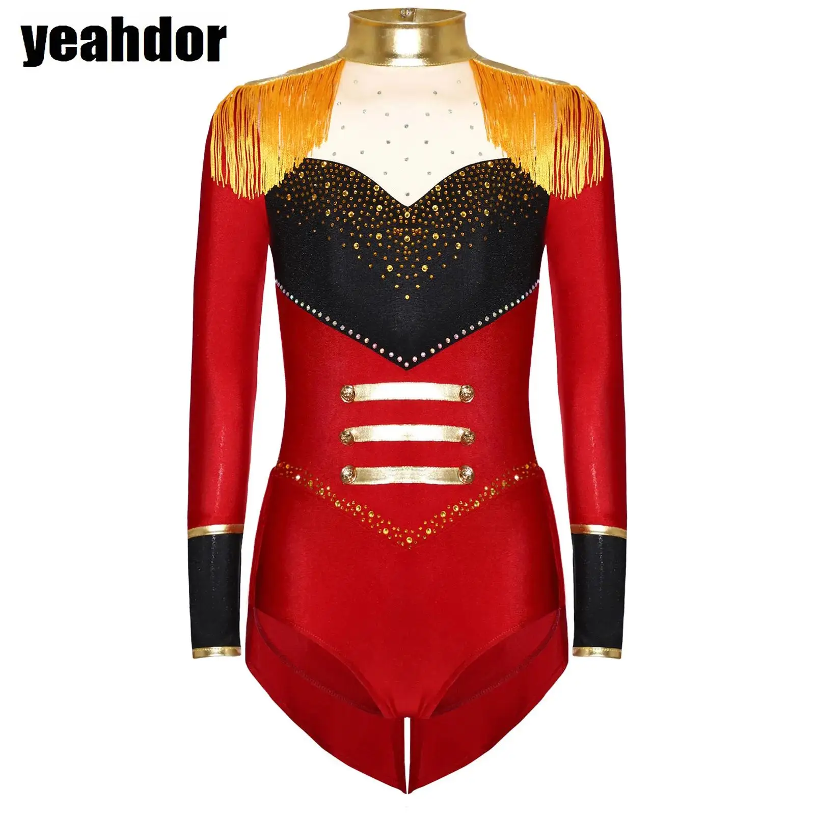

Girls Circus Ringmaster Costume Mock Neck Long Sleeve Epaulets Tassels Rhinestones Leotard Jumpsuit Halloween Showman Magician