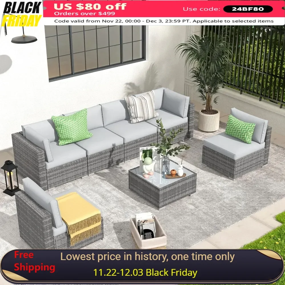 

Garden Sofa, 7-Piece, All Weather Patio PE Rattan Combo Set with Built-In Glass Table, Seat Clips, Cushions, Sofa Patio Set