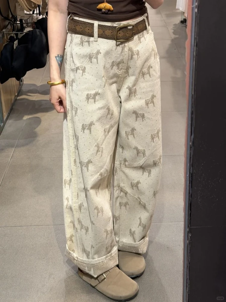 

American style retro khaki horse jacquard jeans women spring new high waisted loose and versatile casual straight leg pants