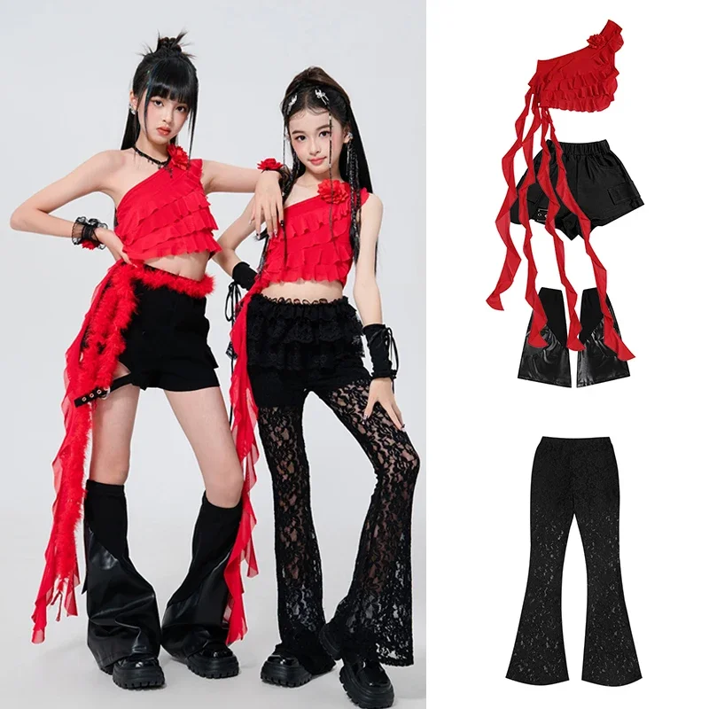 

Hip Hop Dance Costume Children K POP Performance Outfit Kid Streetwear Clothing Girl Group Jazz Set Red Tops Shorts Pants XH2787