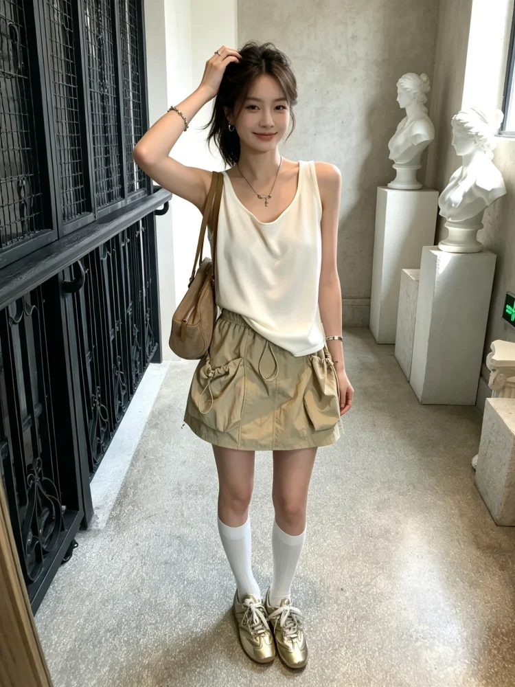 Retro Lazy Quick Dry Elastic Waist Large Pocket Workwear Short Skirt Women Summer Loose Casual Khaki Skirt High Waist A-Line