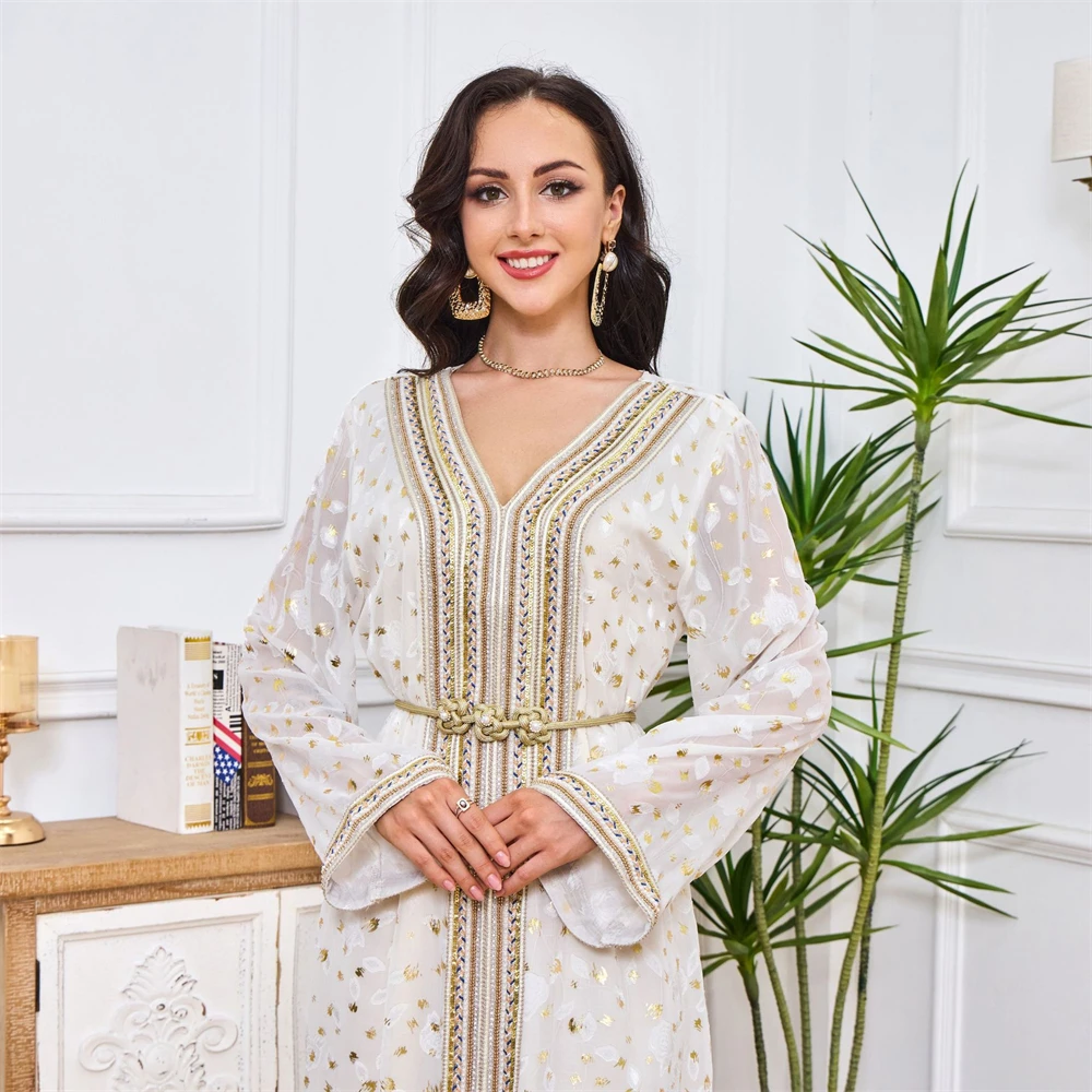 Morocco Formal Dresses for Women Long Loose Fitted Muslim Party Dress with Belt V Neck Traditional Robe Plus Size