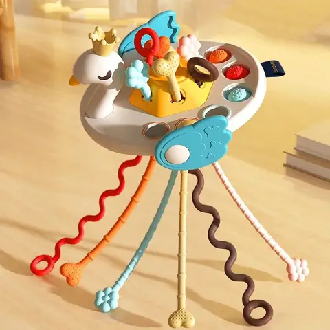 5 In 1 Montessori Pull String Developmental Baby Toys Cute Elephant Silicone Teething Toys for Babies Sensory Toys 1 2 3 Years