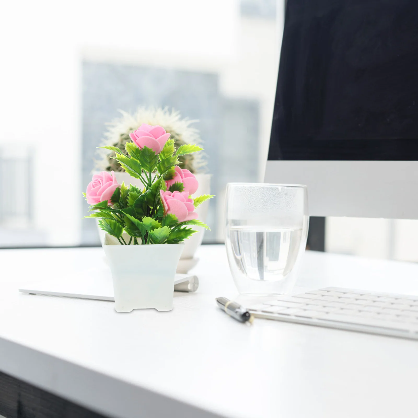 

5pcs Artificial Green Plants Desktop Decor Fake Potted Flowers Indoor Faux Flower Pink Yellow Orange White Purple Colors Space