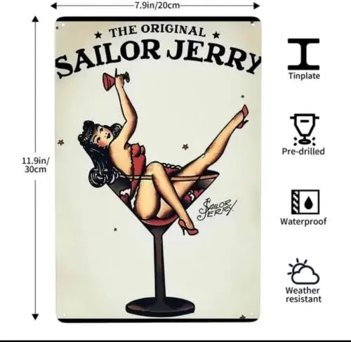 SAILOR JERRY METAL TIN SIGN SEXY GIRL IN MARTINI GLASSS MAN CAVE BARN BAR ART sign sign