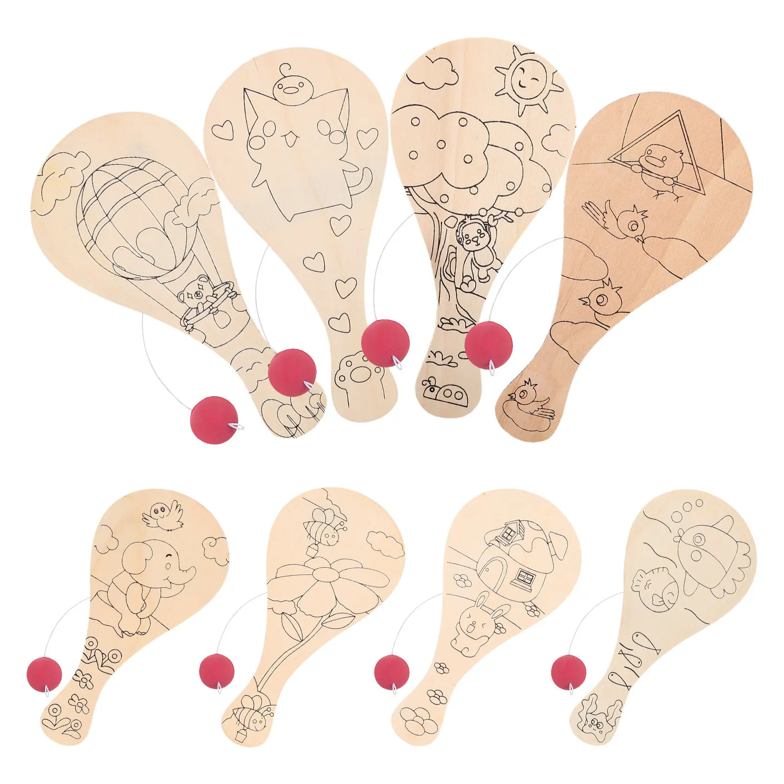 

Набор из 8 белых деревянных заготовок для детского творчества: ракетки для настольного тенниса, для росписи и художественного выражения, для игры в теннис.