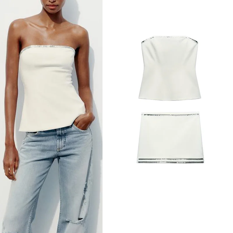 Faionable – ensemble haut Bustier à bijoux et jupe ort taille moyenne, vêtements pour femmes, Collection d'été 2024, nouvelle collection