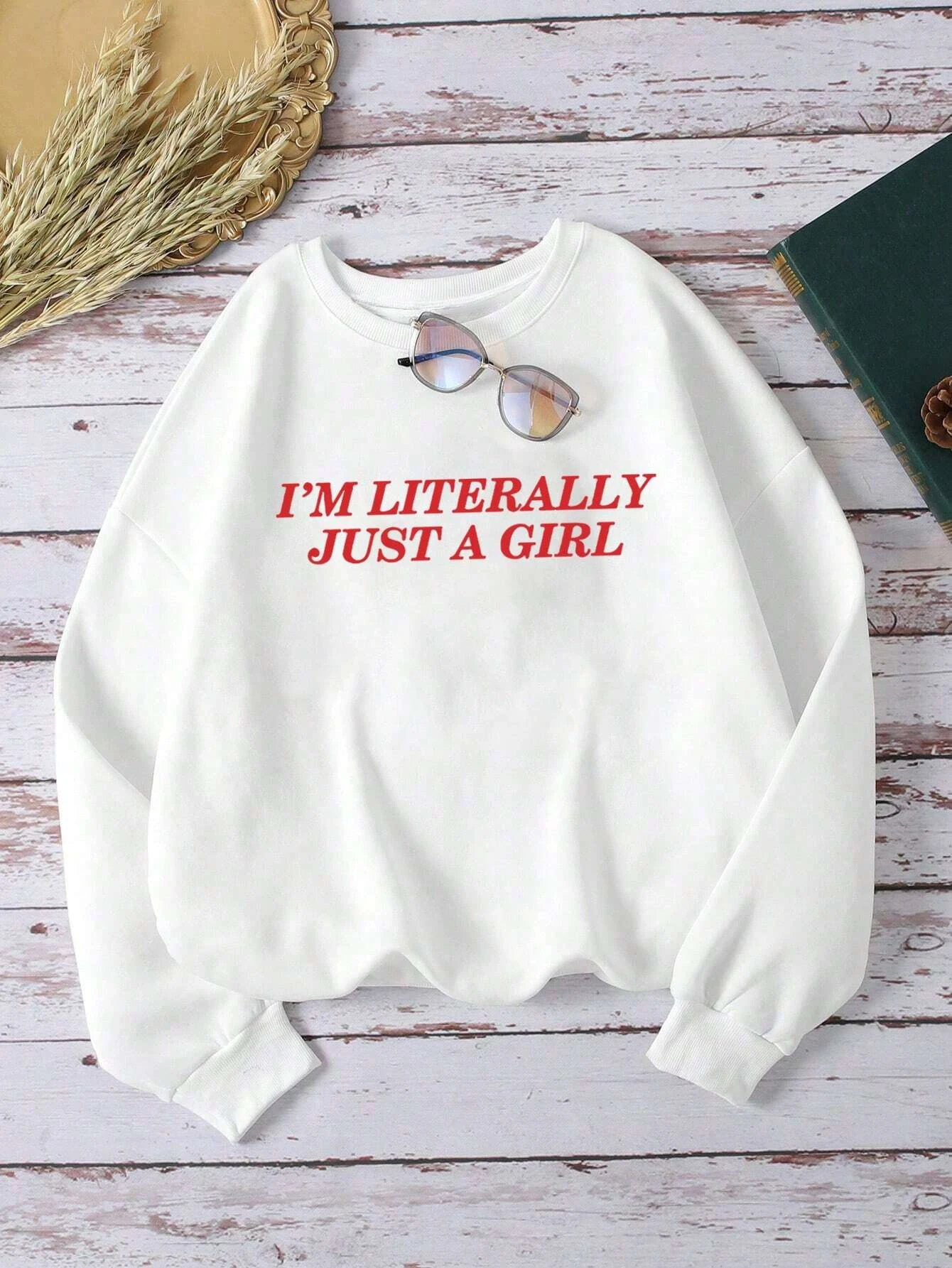 أنا حرفيًا فقط فتاة طباعة أنثى كنزة قطيفة من الصوف مع شعار وسترة دافئة Harajuku بلايز عادية برقبة مستديرة