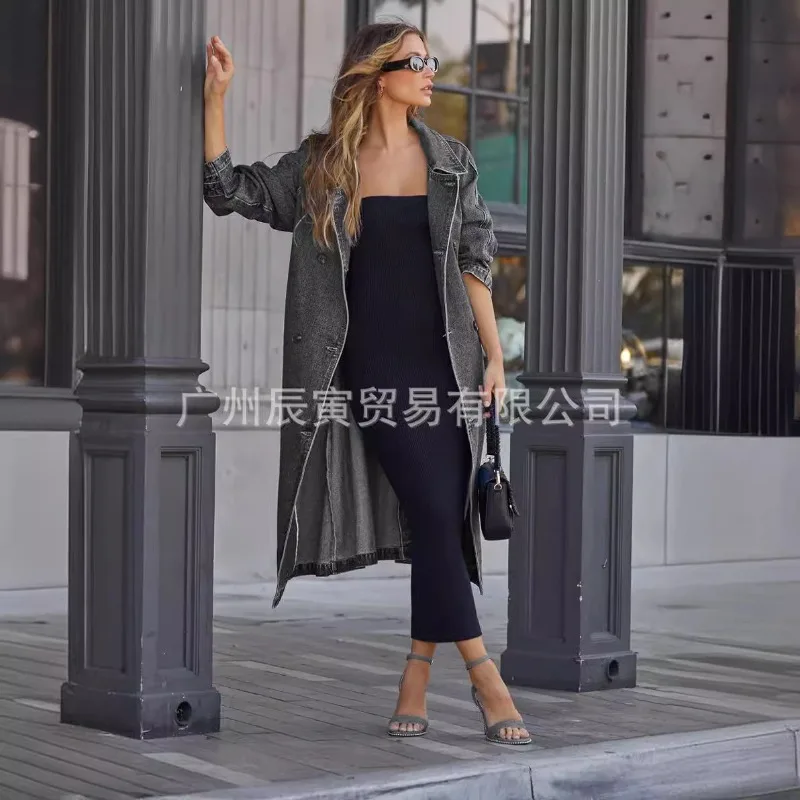 New European and American Autumn and Winter Women's Trench Coat Denim Solid Color Double Pockets Long Button-down Loose Coat