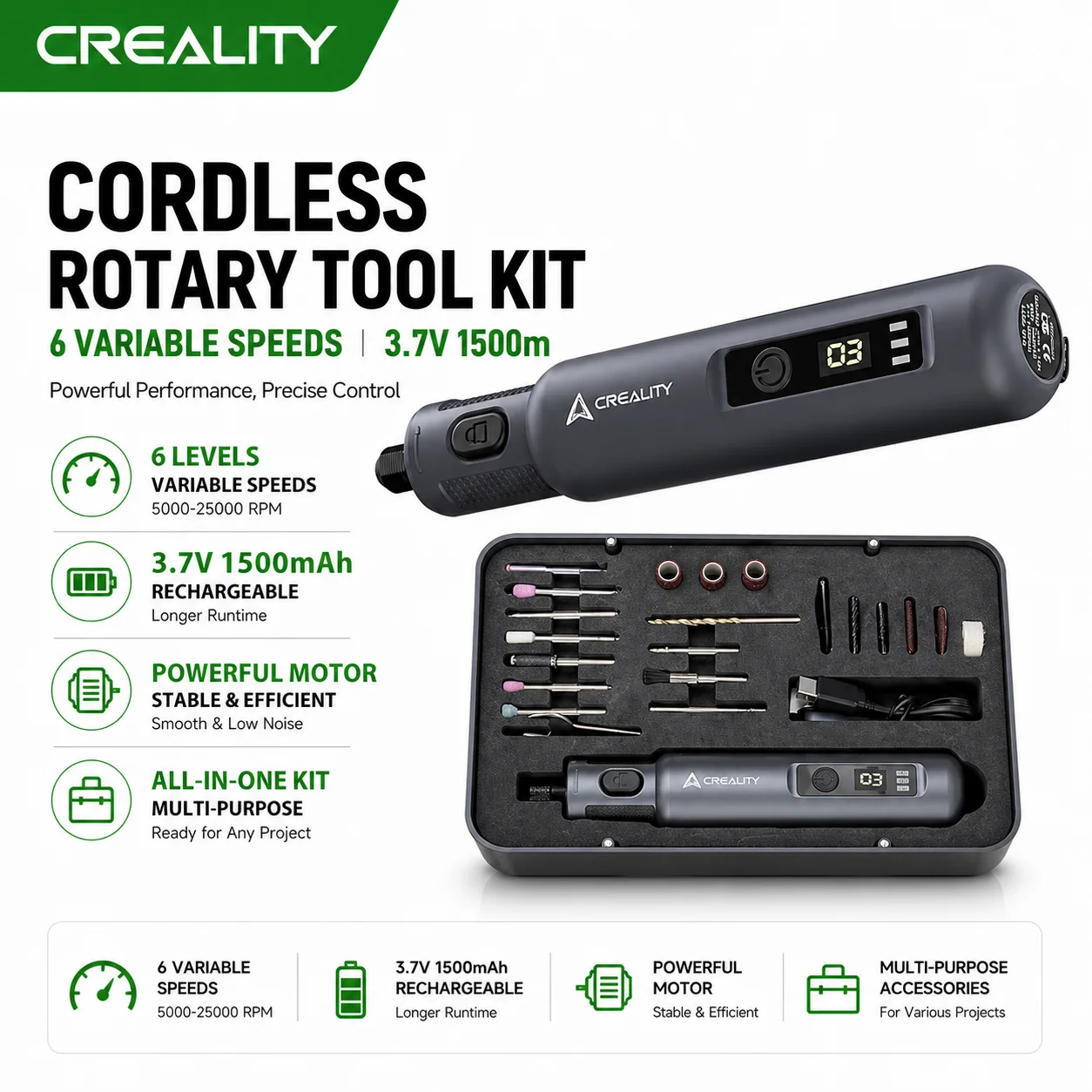 

Creality Cordless Rotary Tool Kit 6 Variable Speeds 6th Gear Adjustment 3.7V 1500mAh Cordless Handheld 3D Printer Parts
