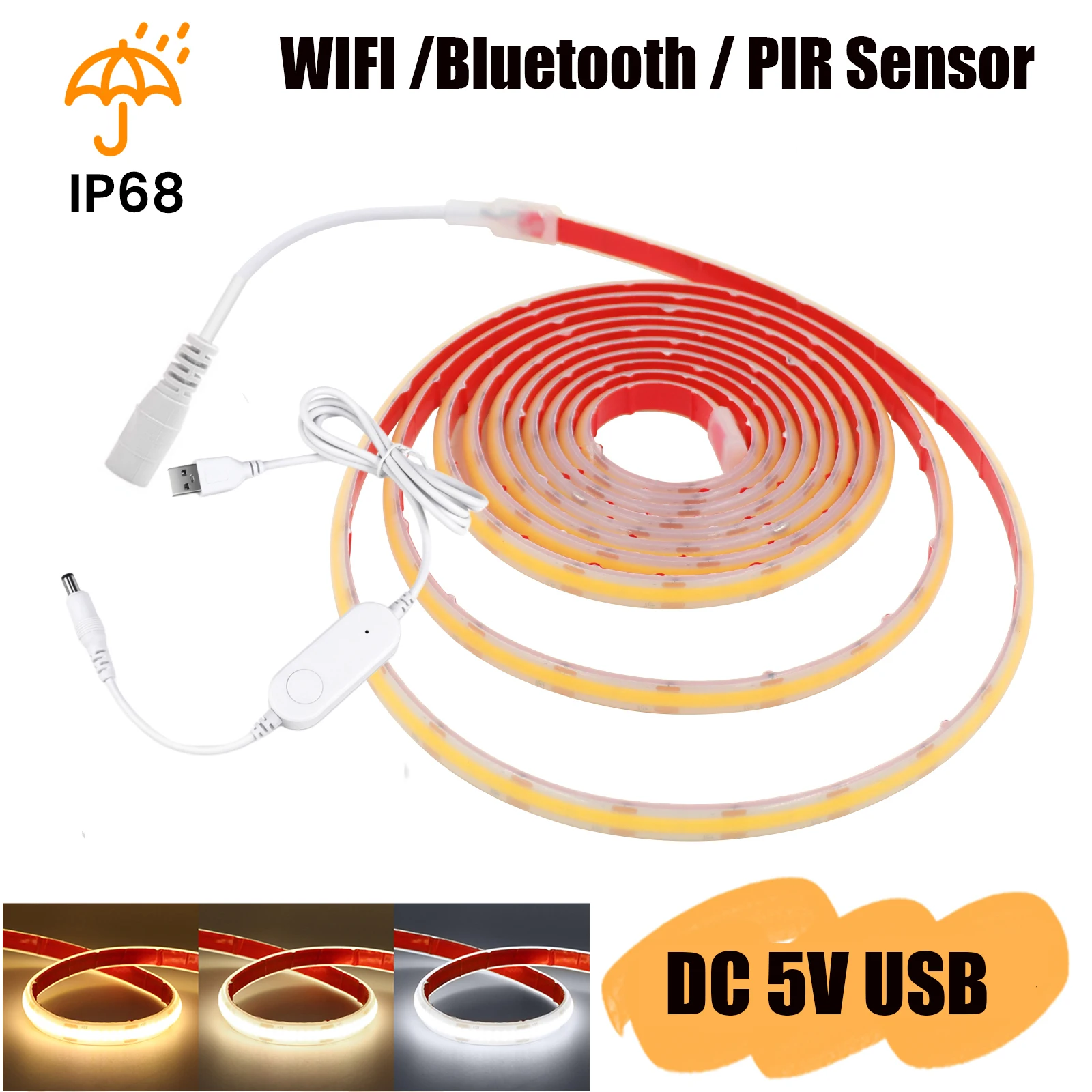 DC 5V USB WIFI/Bluetooth/PIR Sensor/Touch Dimmerable COB Strip 320Leds/M 3000K 4000K 6000K IP68 Waterproof Home Decor LED Light