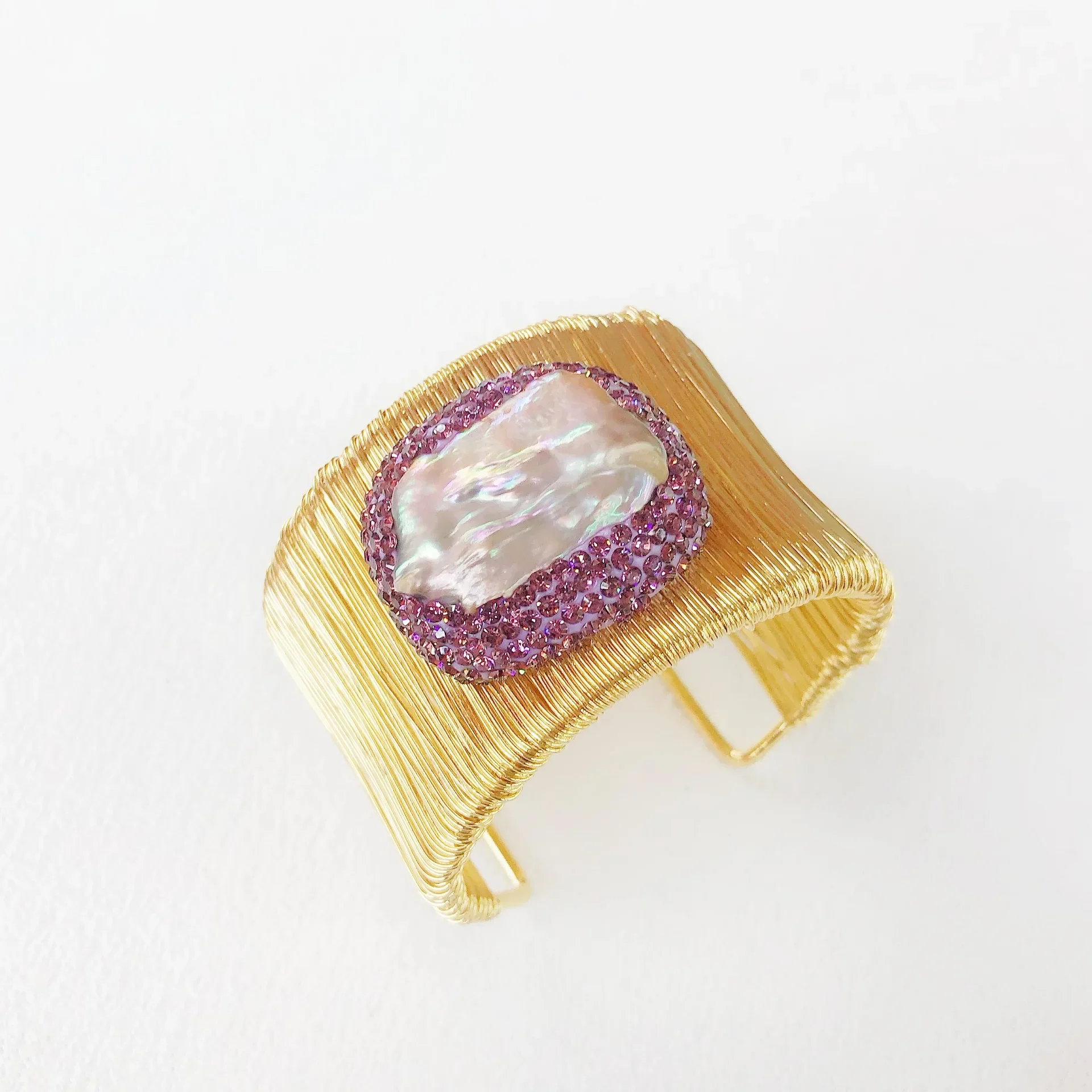 Purple square Baroque freshwater pearl bracelet copper-plated wire wound wide edge bracelet for Women Party Accessory
