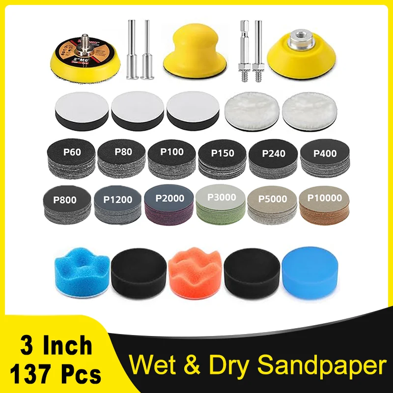 2Inch 50MM Wet and Dry Sandpaper Kit 137Pcs with Polishing Pad Sanding Pad Hand Sanding Block for Grinding Wood Metal