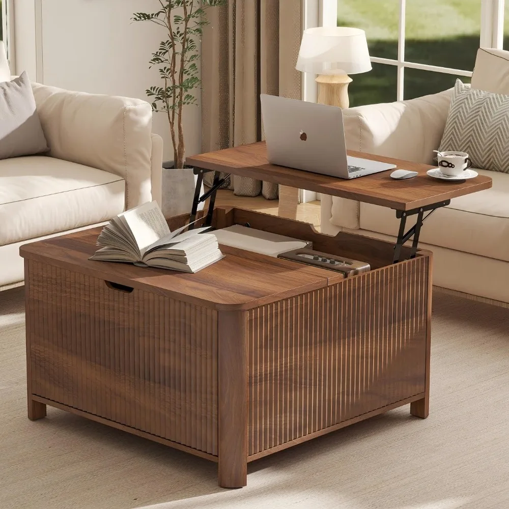 31.5 Fluted Lift Top Coffee Table with Storage, Square Coffee Tables for Living Room, Coffee Table