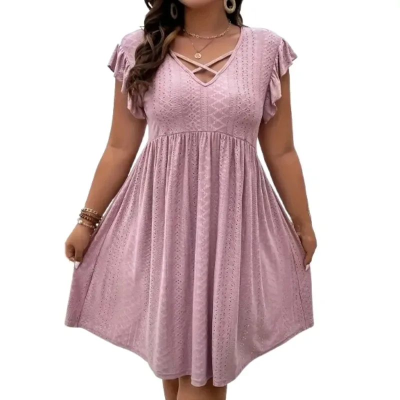 

Plus Size 1XL-5XL New Women Fashionable V-neck Cross Strap Dress Ladies Comfortable Versatile Casual Dress