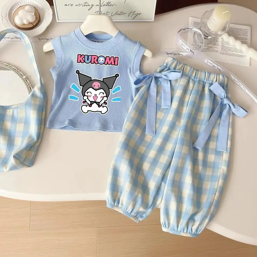 

Sanrio Kuromi My Melody Summer Girls Sleeveless Children's Vest Stylish T-Shirt+Trousers Plaid Suit Children's Clothing 2Pcs