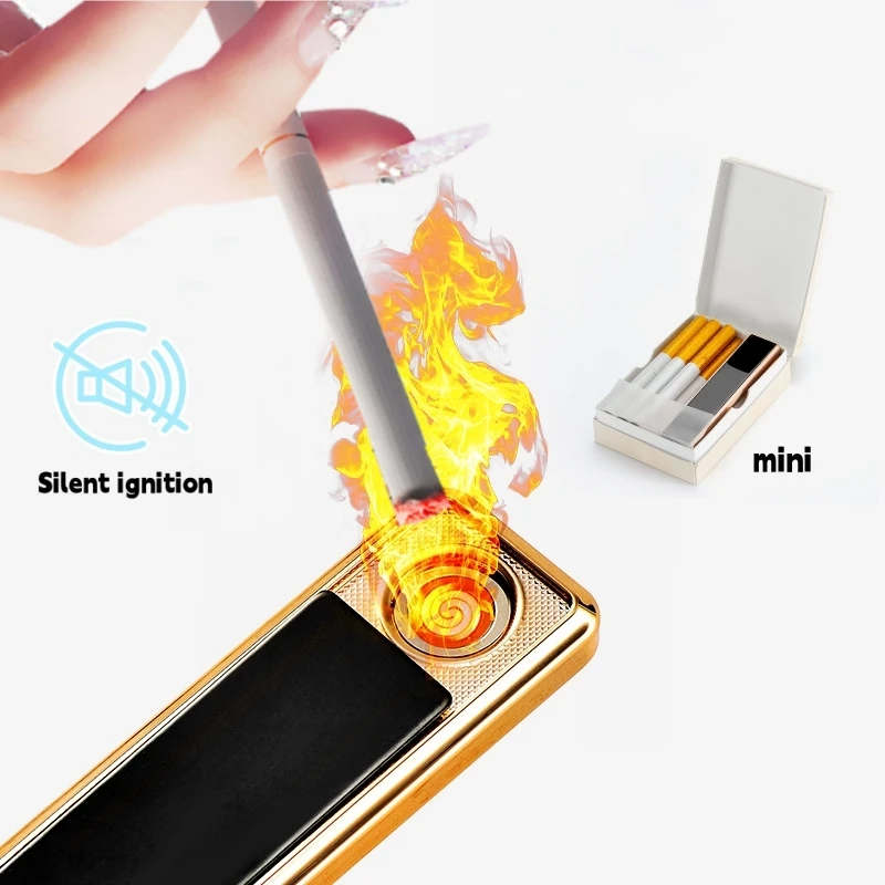 

Portable Mini Thin Tungsten Wire Charging Silent Windproof Cigarette Lighter Pull Down Sliding Ignition Gift LighterCigaretteSet