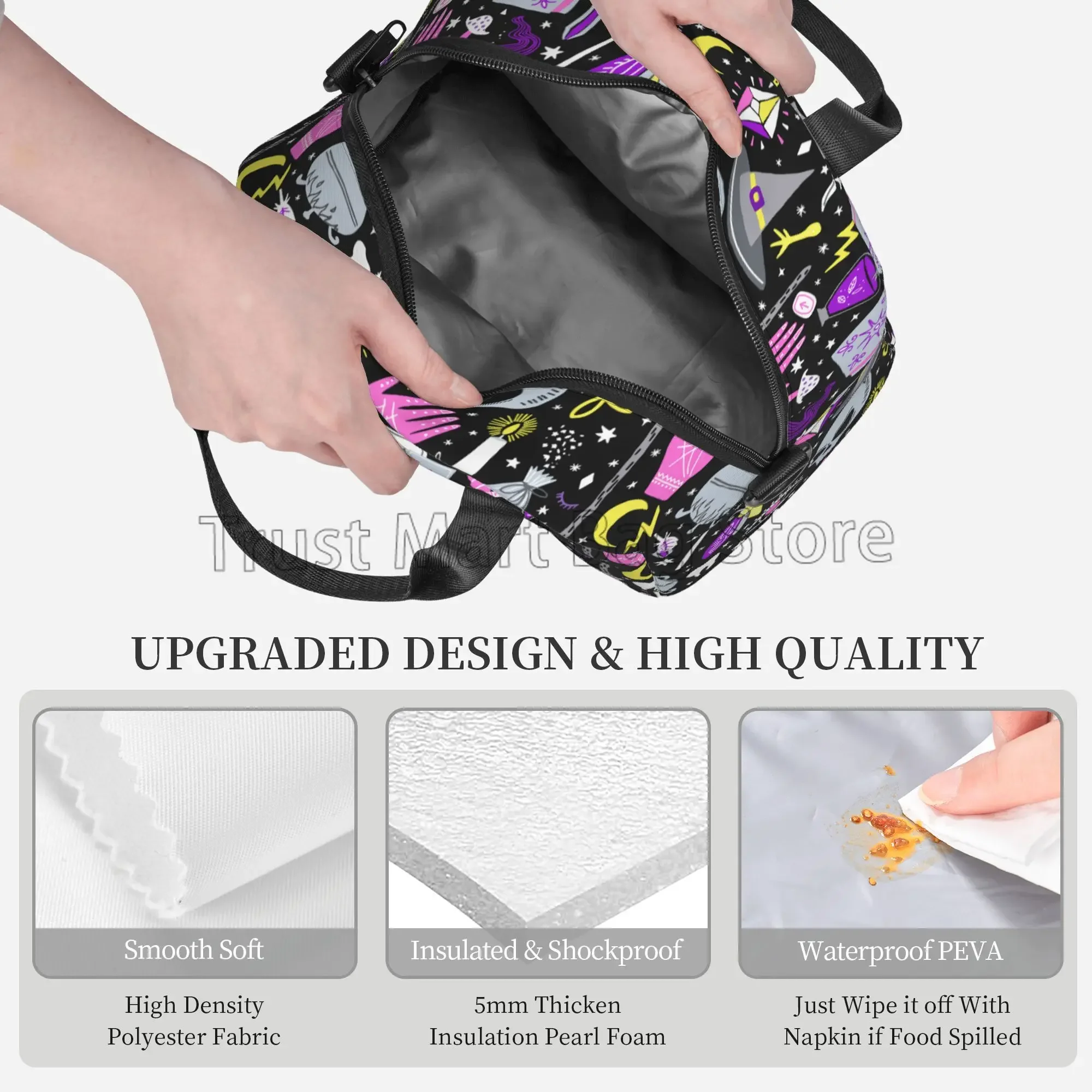 Magic Witch Goth Lunch Box Reusable Insulated Lunch Bag with Shoulder Strap Thermal Food Container for School Work Travel Picnic