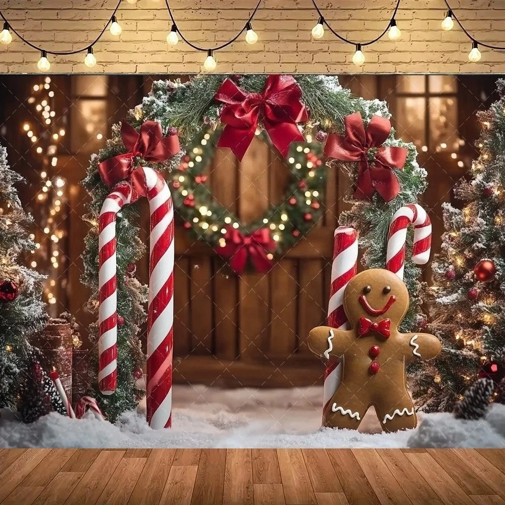 

Winter Christmas Arch Candy Vine Photography Background, Christmas Tree Wooden Door Gift, Children's Family Gathering Background