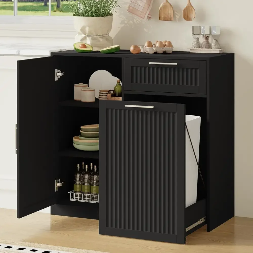 

13 Gallon Pull-Out Trash Bin Cabinet with 3-Tier Storage for Kitchen and Dining Area, Black