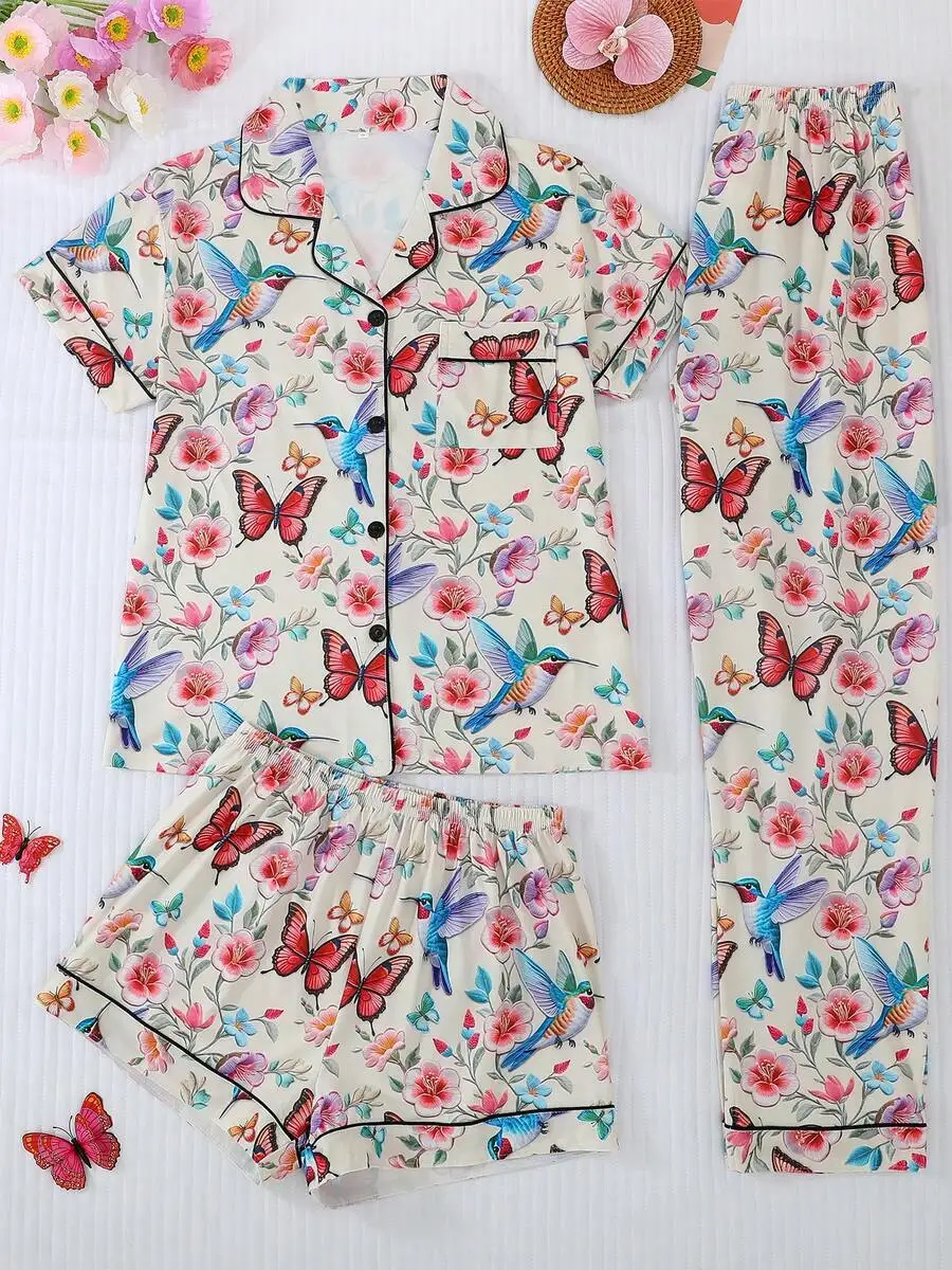 

3pcs Women Pajama Set Short Sleeve Top Shorts Long Pants Floral Butterfly Bird Print Comfortable Loose Fit
