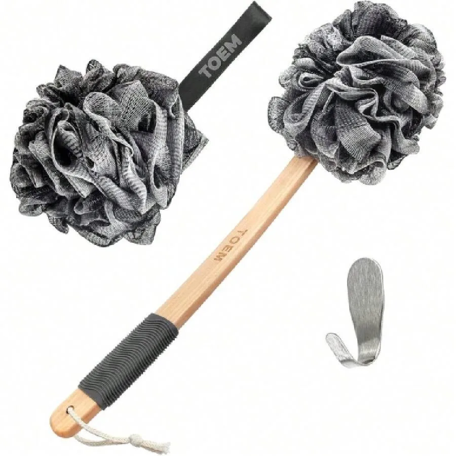 

【New style】® Loofah Back Scrubber For Shower Bamboo Charcoal Fiber Infused Loufas For Men and Women Includes 1 Long Handled Sho