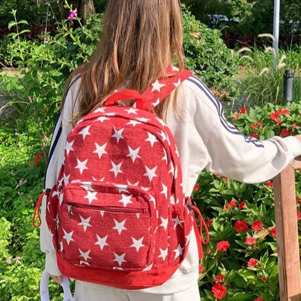 Korean Style Grey Stripes Backpack Multi-pocket Lightweight Star Printing Backpack Commuting Adjustable Straps