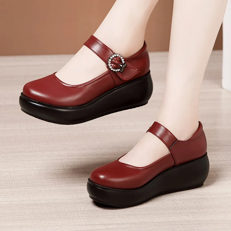 

6cm Small Big Size 32-43 Breathable Comfortable Soft Leather Mary Janes 2025 Fall Womens Flat Platform Shoes for Office Mom Work