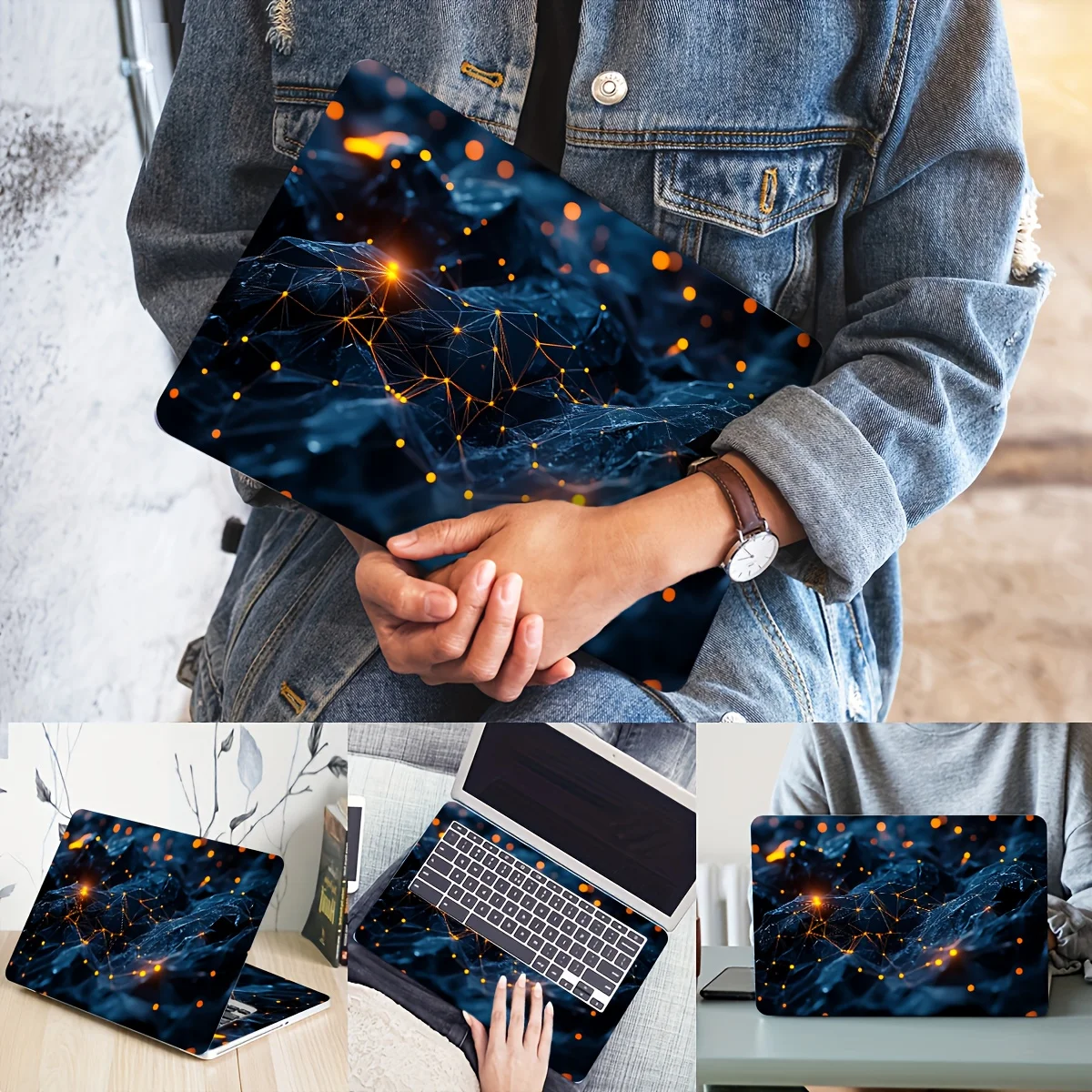 2-Pack Tech-Inspired Art Stickers - Futuristic Dark Blue & Orange Web Design, Waterproof and Scratch Resistant Case for Laptops