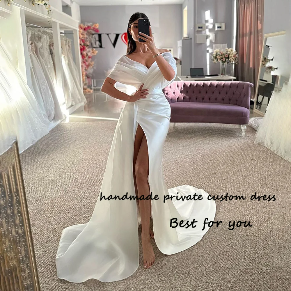 

White Satin Mermaid Wedding Dresses Off Shoulder Leg High Split Long Bride Dress with Train Beach Boho Wedding Gowns