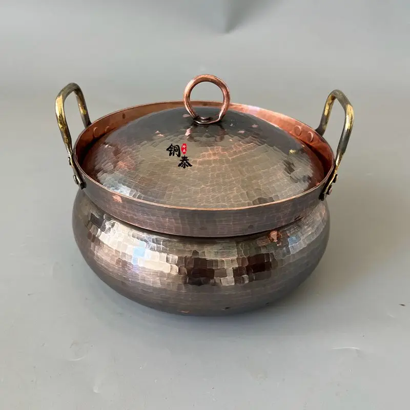 Pure Copper Soup Stew Pot Cute Double Handle Lid Handmade Outdoor Retro/Origin Container