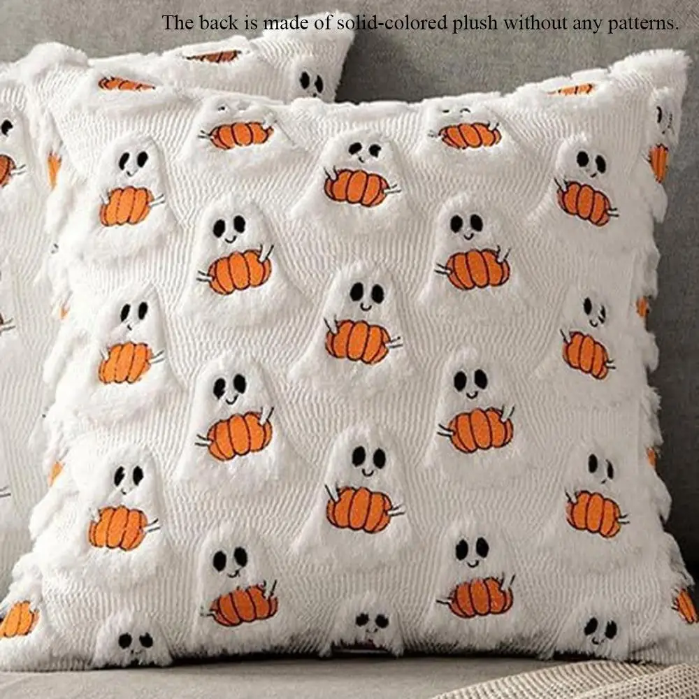 Ghost Pumpkin Plush Faux Fur Pillow Covers Soft Halloween Decor for Sofa Couch Bed Living Room White Orange Pillowcases 45x45CM - view 4