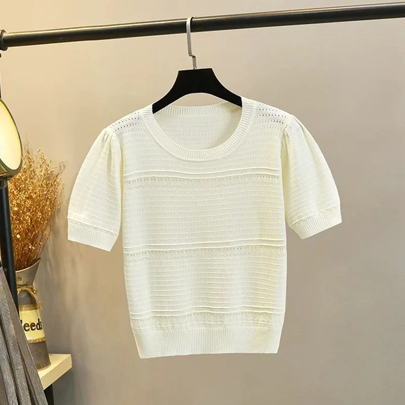 

New Summer Short Sleeve Knitted Sweater Women Pullovers O-Neck Hollow Out Knit Sweater Pullover Women Tops Women Clothing Q4655