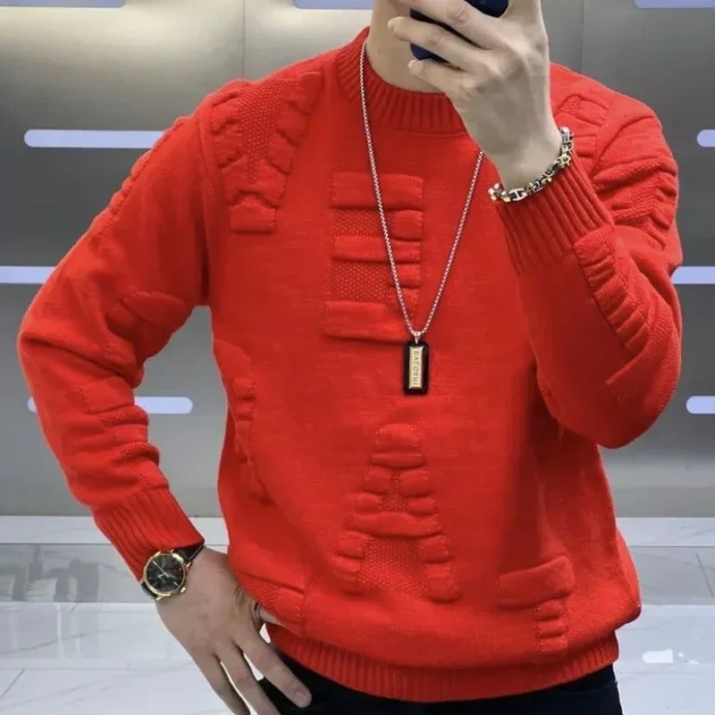 Men's Clothing Green Knit Sweater Male Letter Plain Solid Color Pullovers Sheap Korean Fashion Classic Jumpers A Overfit Heated