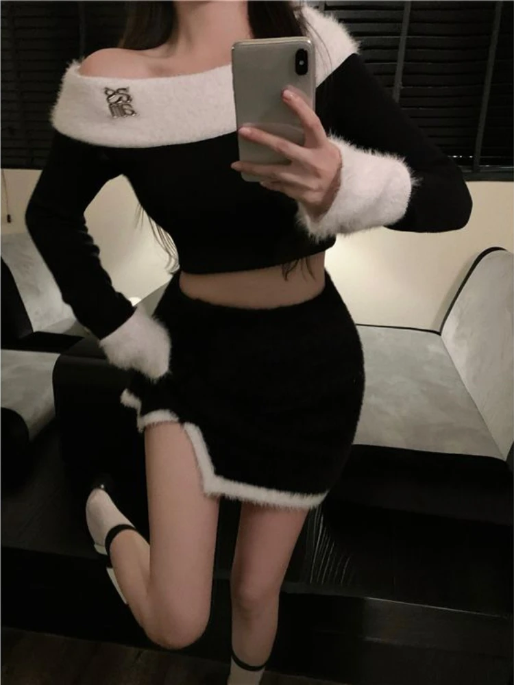 Winter Sexy Wool Vintage Two Piece Set Women Korean Fashion Warm Y2K Party Set Female Off Shoulder Slim Mini Skirt Suit 2022