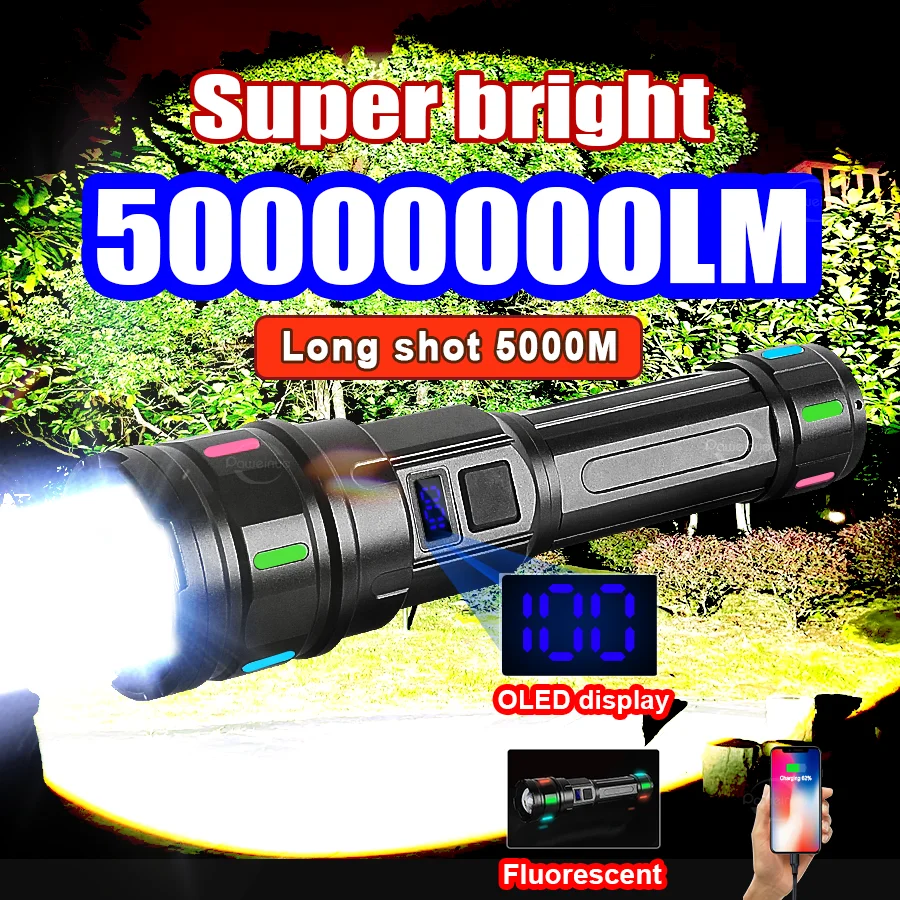 Most Powerful Tactical Flashlight Rechargeable High Strong Light LED Flashlights 18650 Long Range 5000M Zoom Torch Fishing Lamp